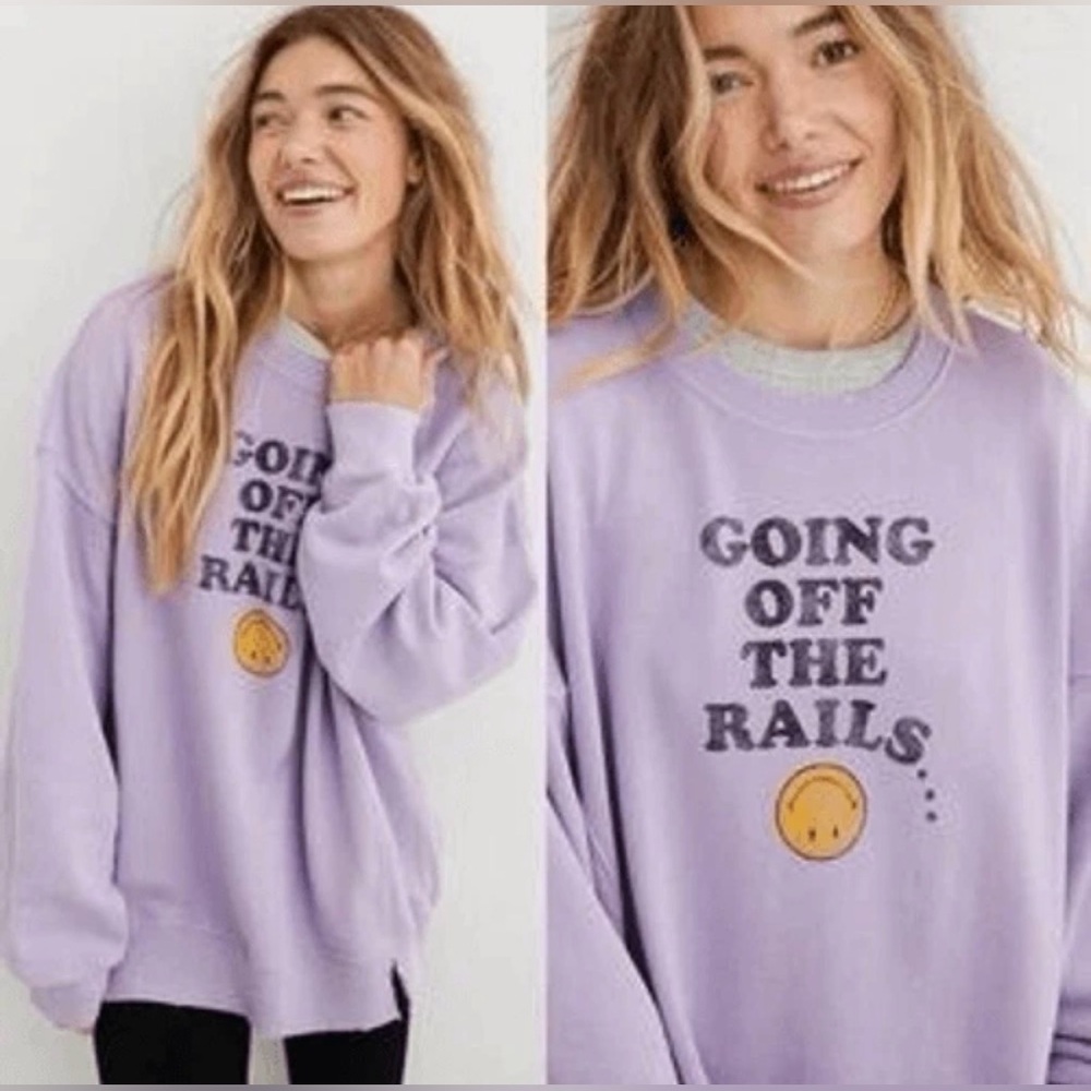 Aerie Graphic Sweatshirt ‘Going Off The Rails' Small Purple Crewneck Oversized
